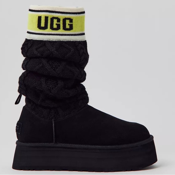 UGG Cable Sweater Letter Platform Shearling Lined Suede Boot Womens 8.5 9 40 - Picture 6 of 17